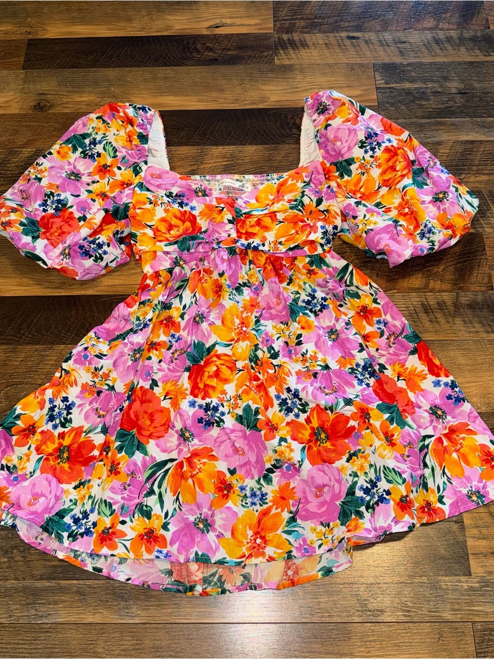 Altar'd State Pink, Orange & Green Floral Puff-Sleeve Mini Dress